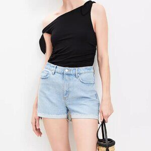 Flip Hem High Rise Cut Off Denim Shorts in Light Vintage Indigo Wash